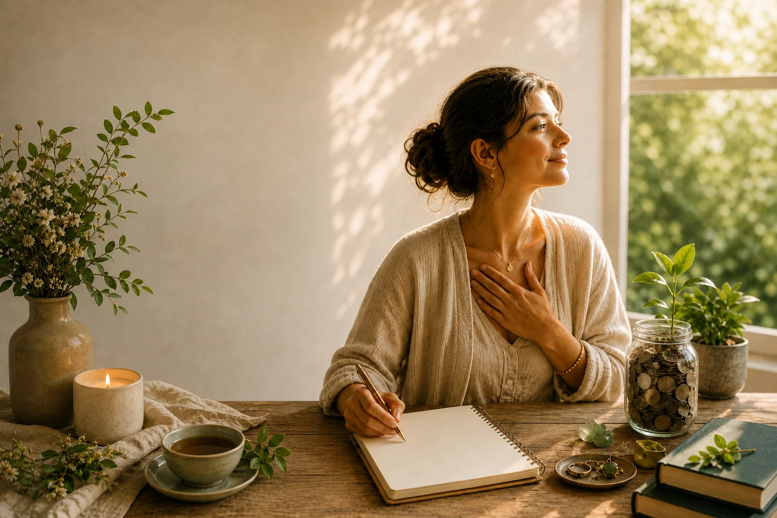 Une femme sereine écrit dans un carnet, entourée de plantes, d'une bougie, d'une tasse de thé et d'un bocal de pièces d'où pousse une jeune plante